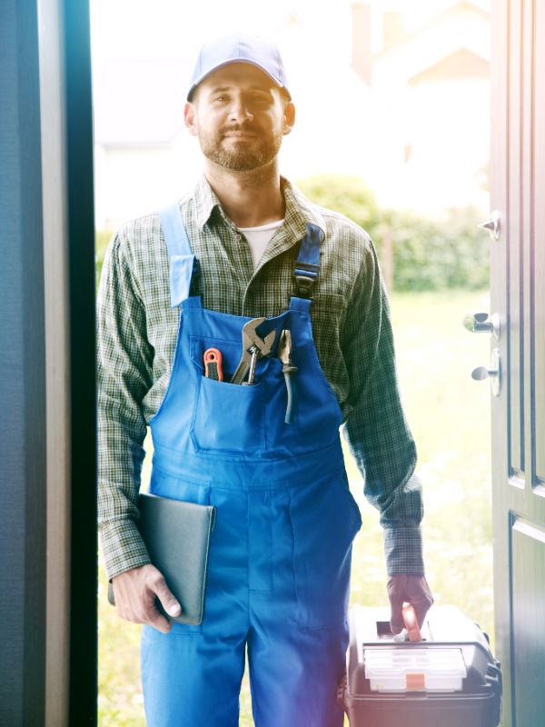 Home service technician standing at the door with tools ready for repair work