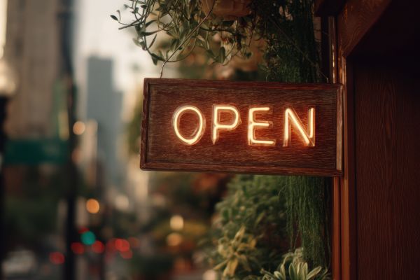 Hotel entrance with open sign