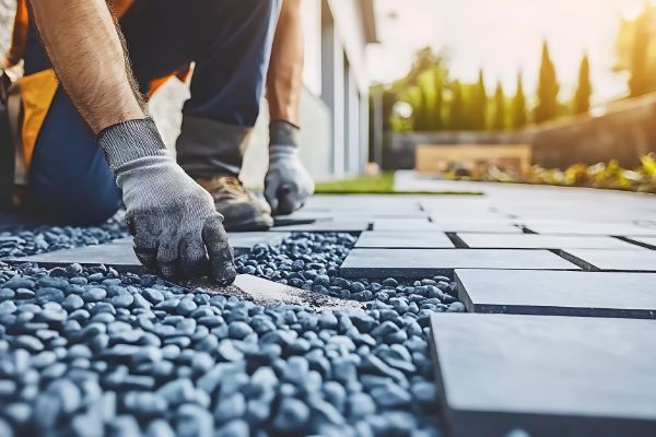 Landscaping contractor installing paving stones