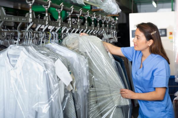 Worker handling clothes in dry cleaning service
