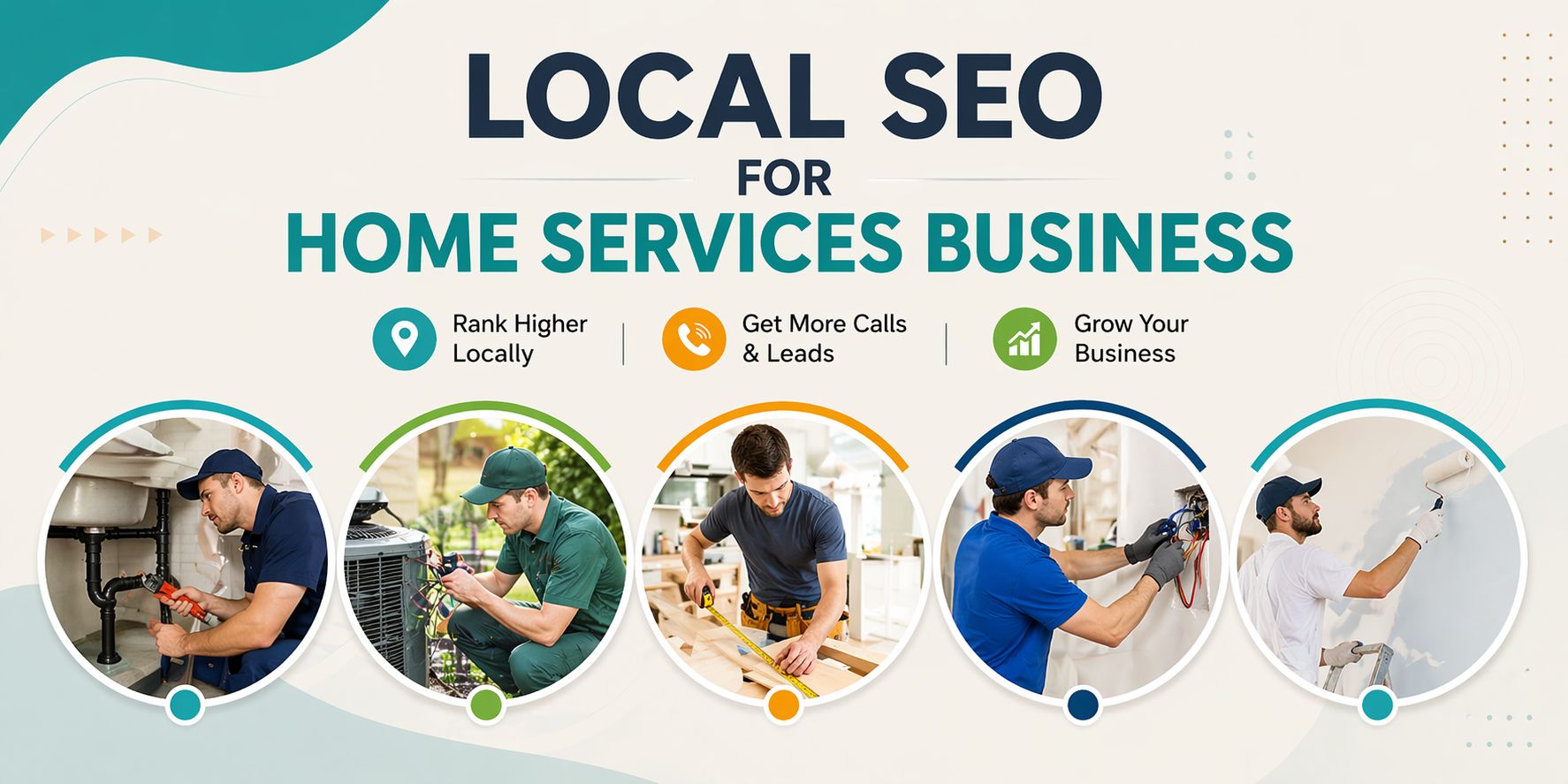 Local SEO for home service businesses showing plumber, electrician, carpenter and cleaning services