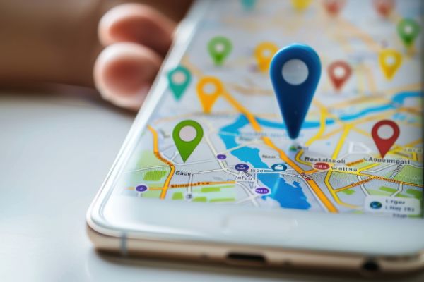Mobile phone showing map with multiple location pins