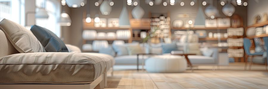 Mattress showroom with neatly arranged beds and soft lighting