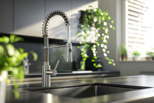 Modern kitchen sink with running water faucet