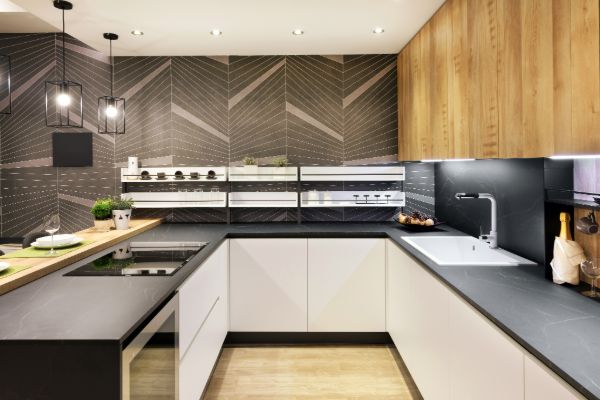 Modern modular kitchen interior design with cabinets and lighting