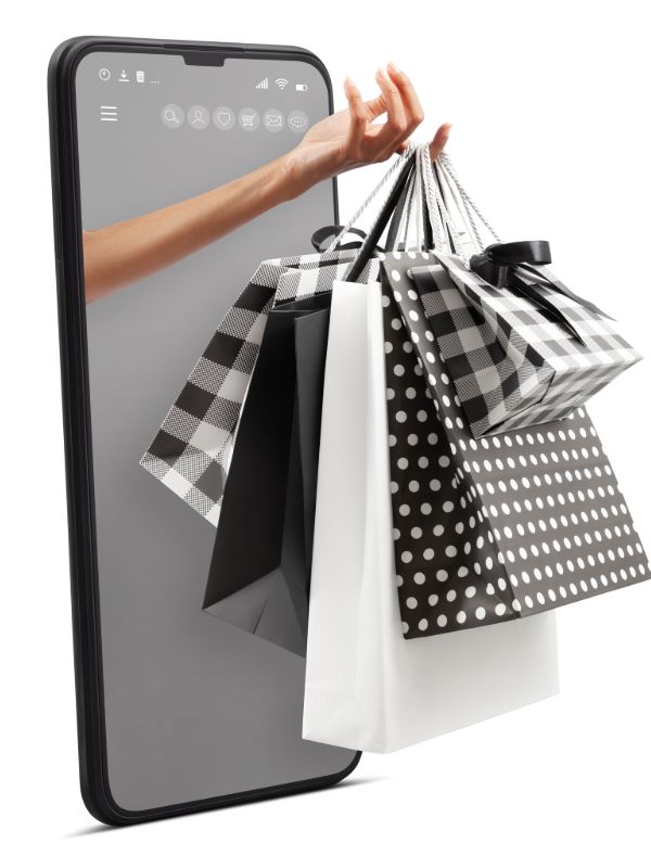 Online shopping bags coming out of a mobile phone