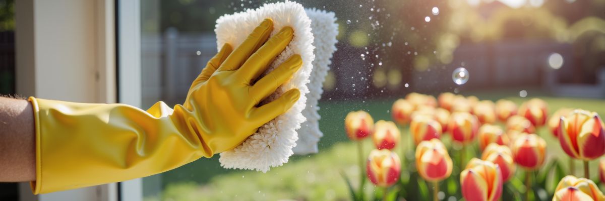 Hand cleaning outdoor surface with cloth and gloves