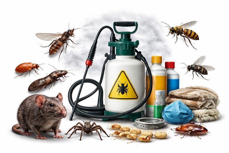 Pest control equipment with common pests like rat, cockroach and insects