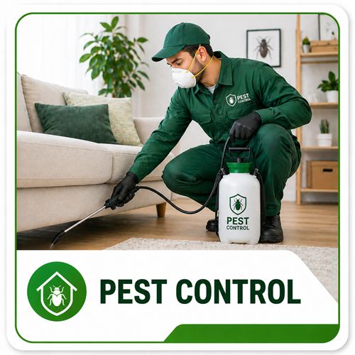 Pest control technician spraying treatment inside home