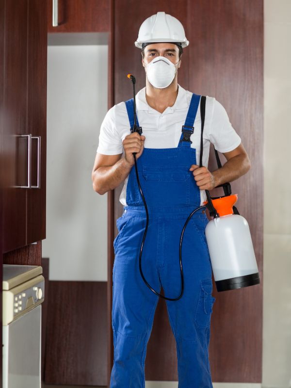 Professional pest control technician holding sprayer equipment