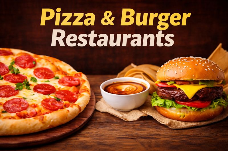 pizza and burger served together on a wooden table