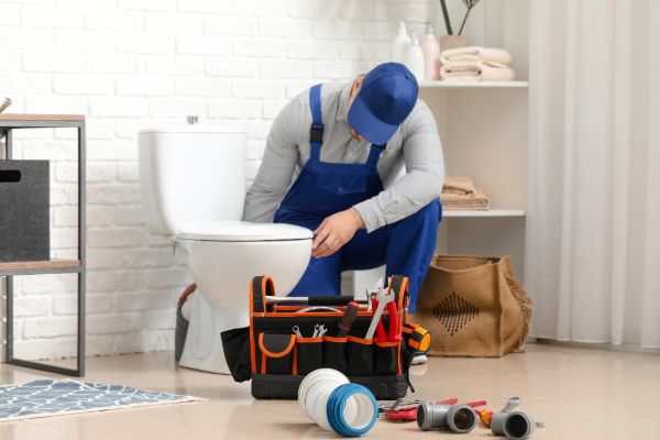 Plumber repairing bathroom fixtures with tools