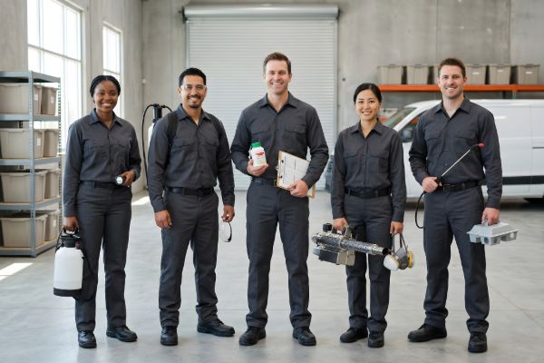 Team of professional pest control technicians with equipment