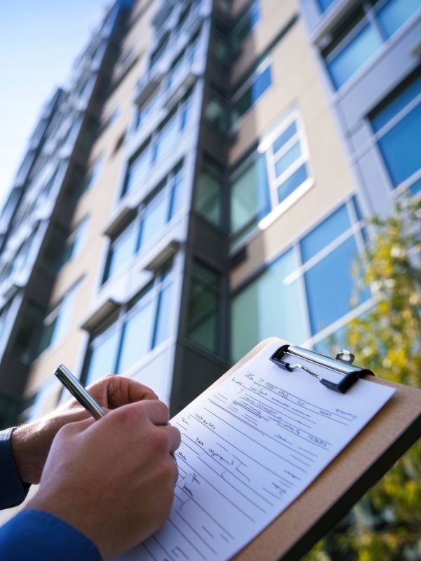property manager inspecting an apartment building with a checklist