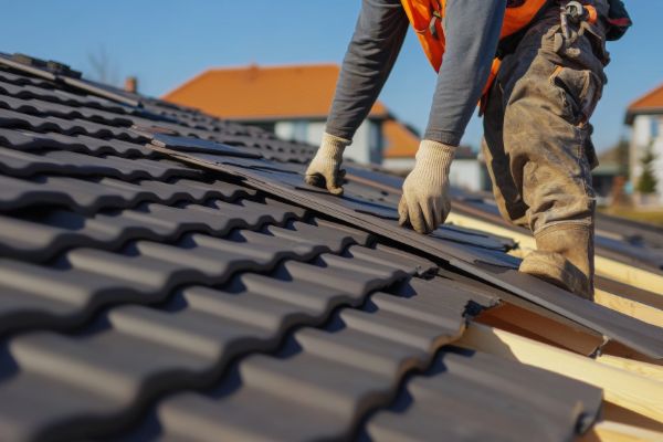 Roofing contractor installing roof tiles on residential house