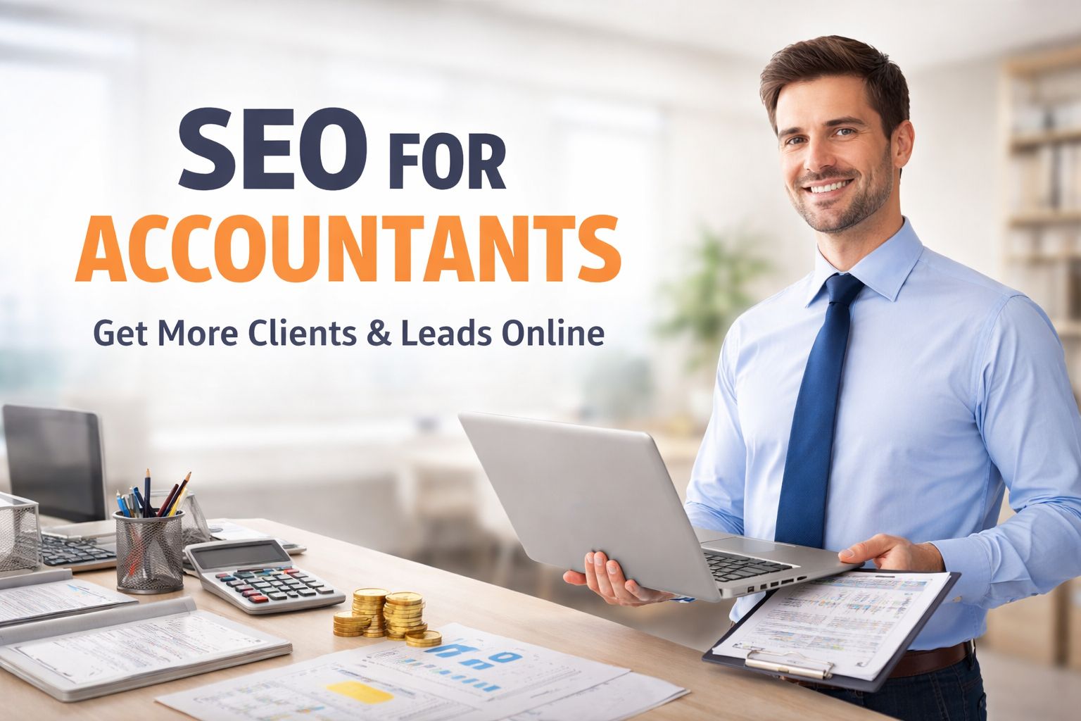 Accountant working with financial reports and laptop in office