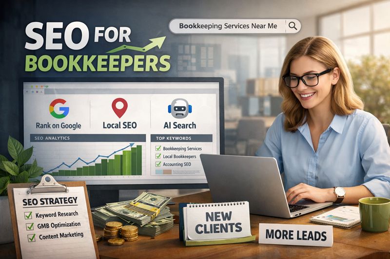 SEO for bookkeepers showing Google ranking, local SEO, and AI search strategies to generate leads