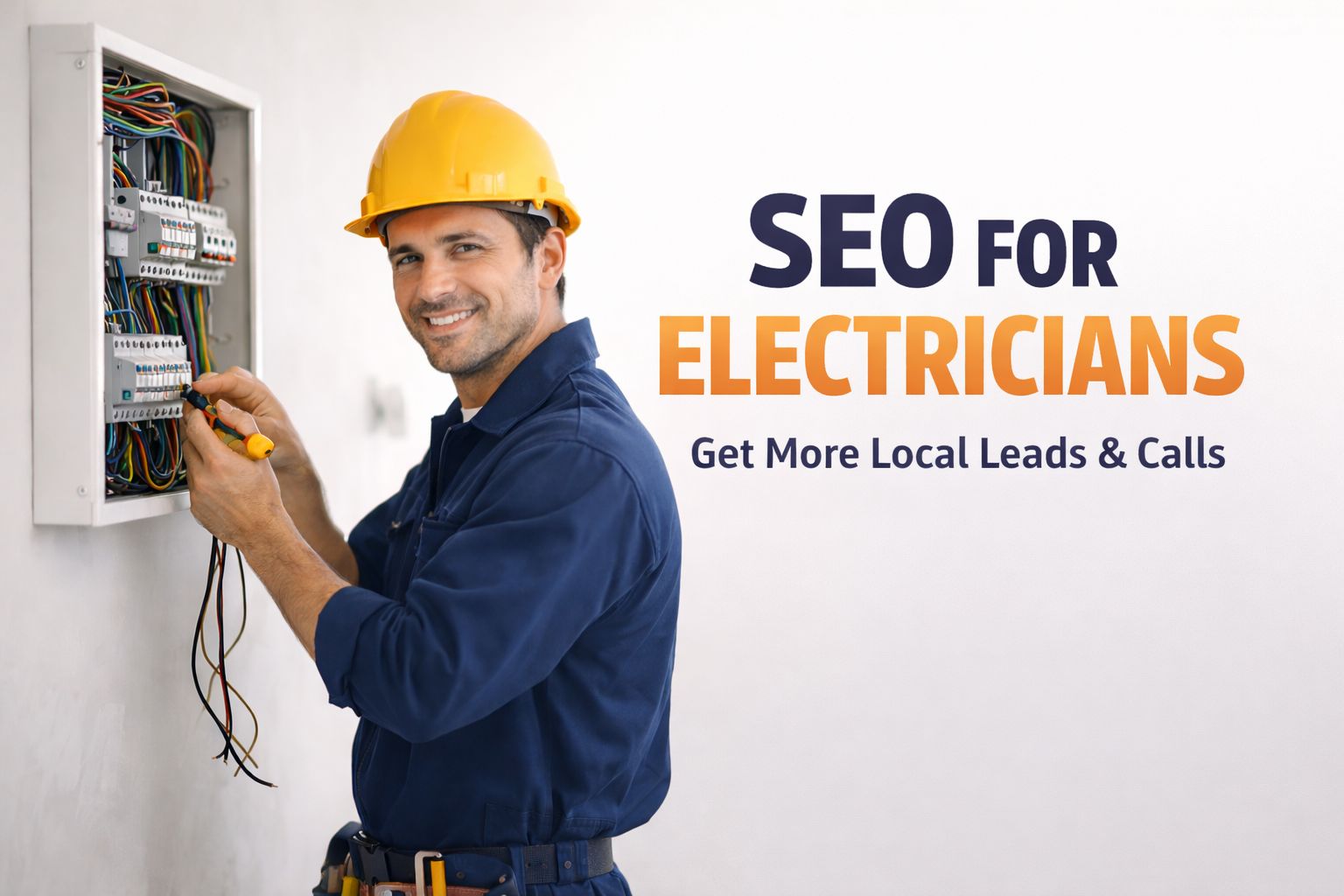 SEO for electricians banner showing electrician working on wiring