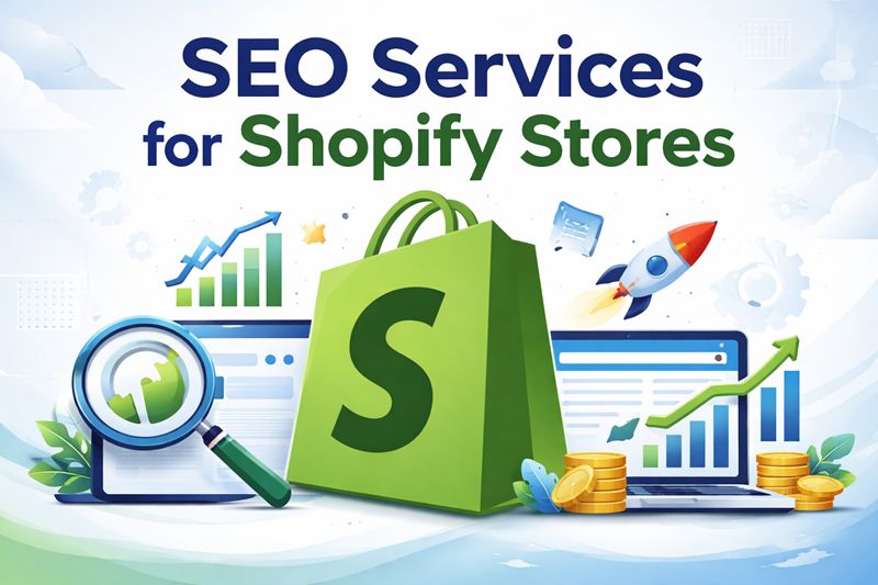 Shopify SEO services illustration with logo, analytics chart, and growth elements