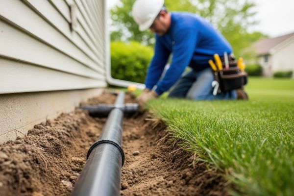 Plumber installing underground drainage pipe
