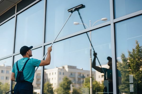 Worker cleaning glass windows of office building
