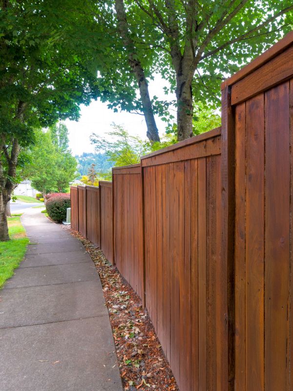 Wooden garden fence with natural greenery pathway