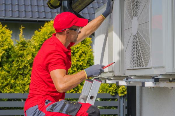 Technician inspecting and maintaining an outdoor air conditioning condenser