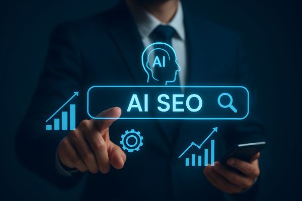 AI SEO search optimization dashboard with analytics and ranking data