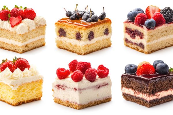 Assorted bakery pastries and cake slices topped with fresh berries