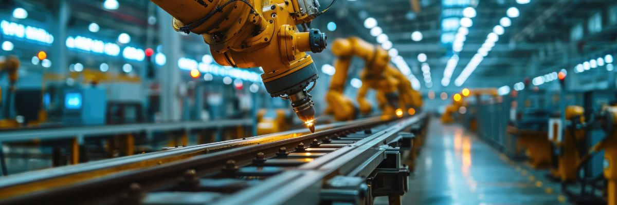 Automated assembly line with robotic machines in industrial manufacturing facility