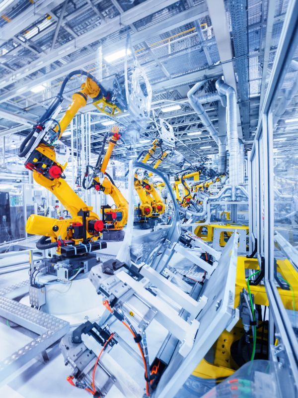 Automated robotic arms working on a modern factory production line
