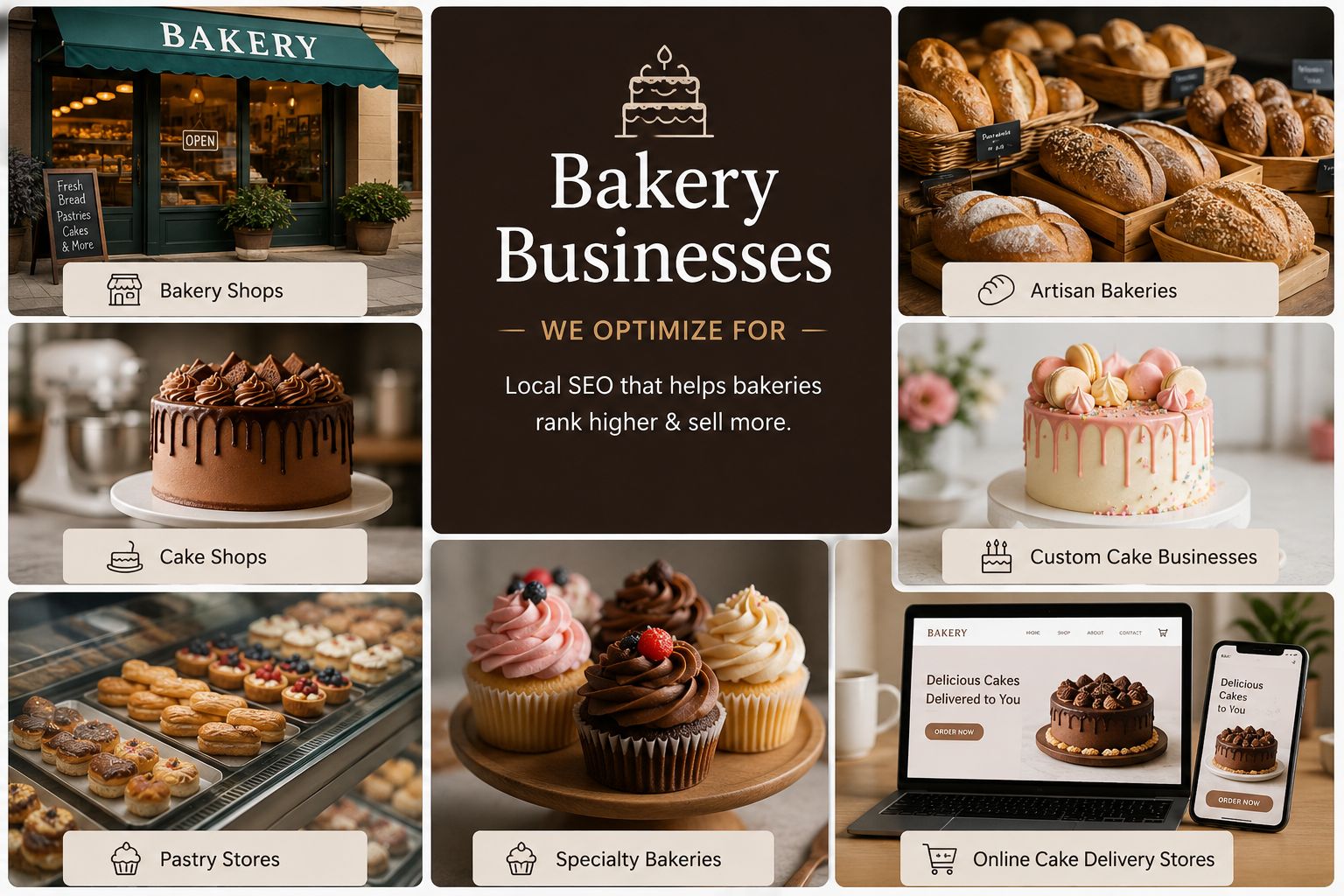 Collage of bakery products and bakery store displays featuring cakes, pastries, artisan bread, cupcakes, and online bakery ordering platforms