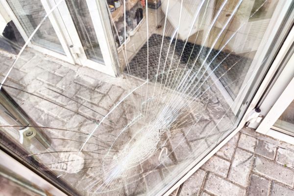 Cracked glass panel in a residential door