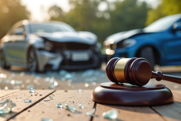 Car accident legal case with damaged vehicles and a judge gavel