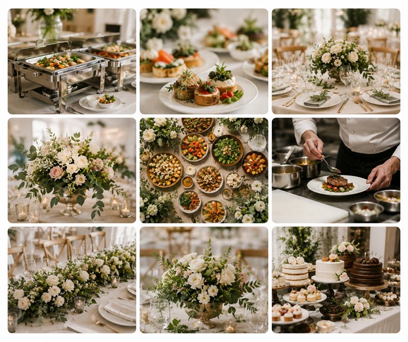 Elegant catering event setup with buffet food, floral table decor, plated appetizers, and dessert table