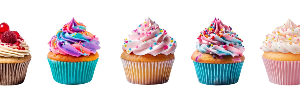 Colorful cupcakes displayed in a row with different frosting styles and toppings