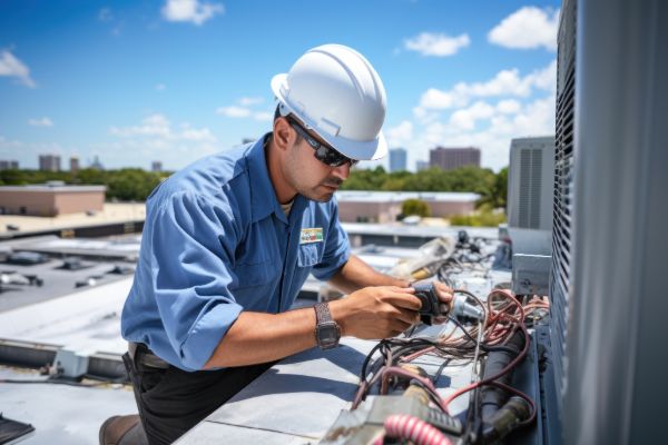 Technician performing repair work on a commercial air conditioning system