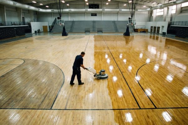 Commercial floor refinishing inside a large indoor facility