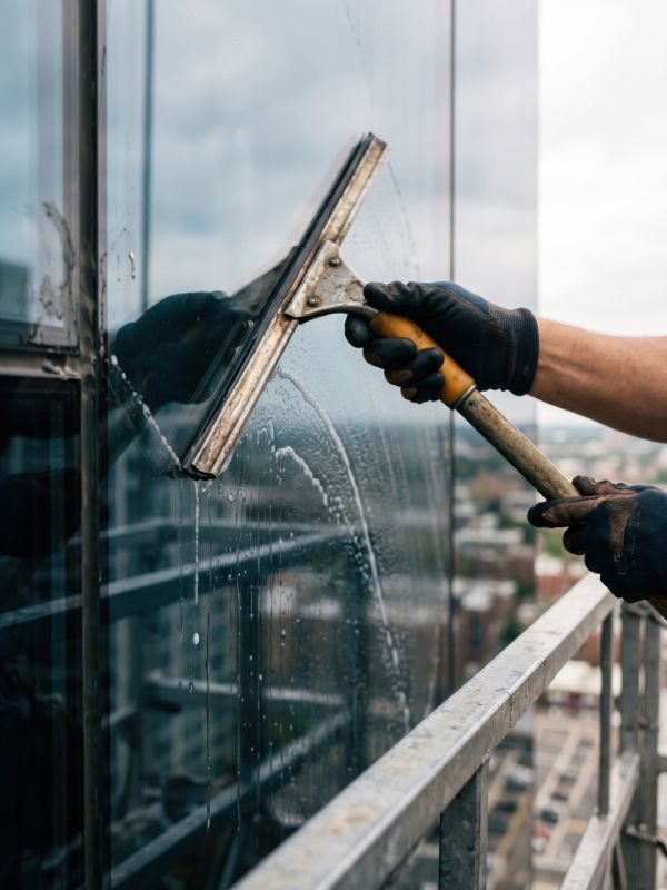 Commercial window cleaner using a squeegee on a high-rise glass building