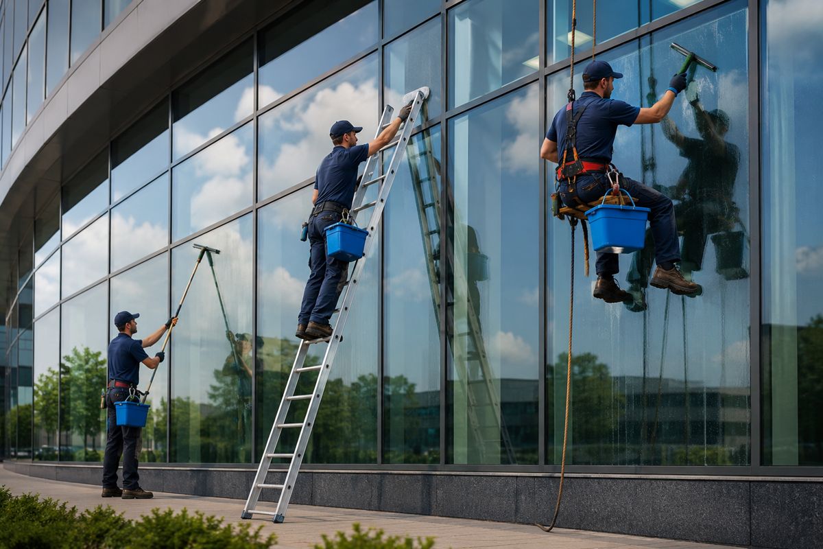 Professional window cleaners working on a commercial glass building exterior