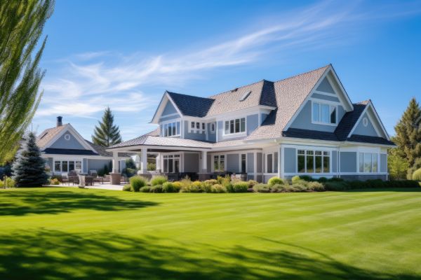 Completed custom home exterior with modern design and landscaping