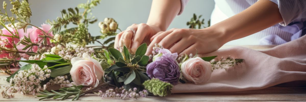 Hands arranging fresh flowers for a custom floral bouquet