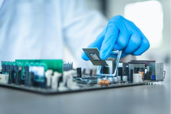 Technician assembling electronic circuit board in clean manufacturing lab