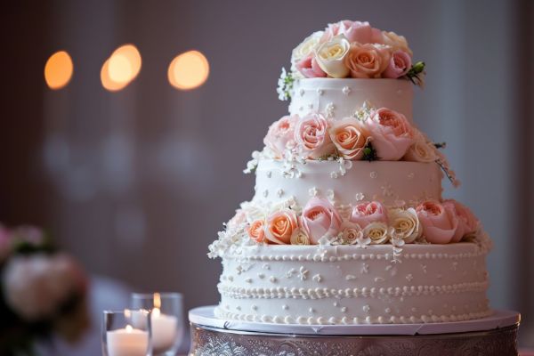 Elegant multi-tier wedding cake decorated with flowers at a wedding venue