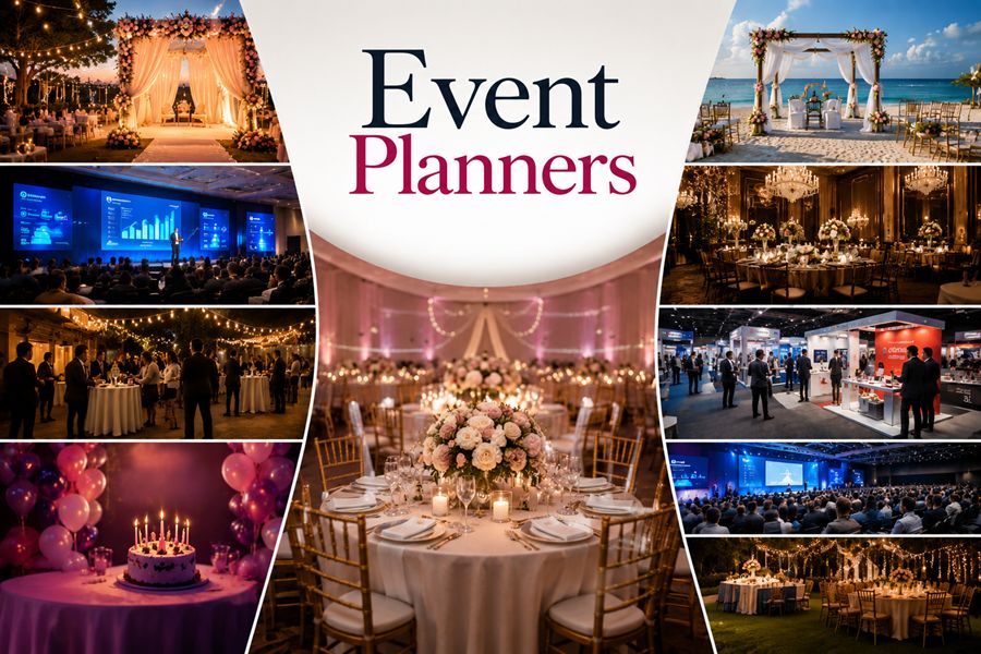 Event planners collage featuring weddings, corporate events, private parties and more