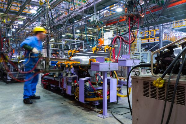 Worker operating machinery on a busy manufacturing assembly line