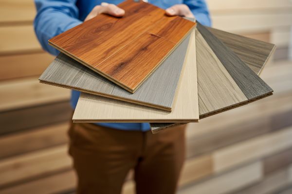 Different flooring material samples including wood and vinyl planks