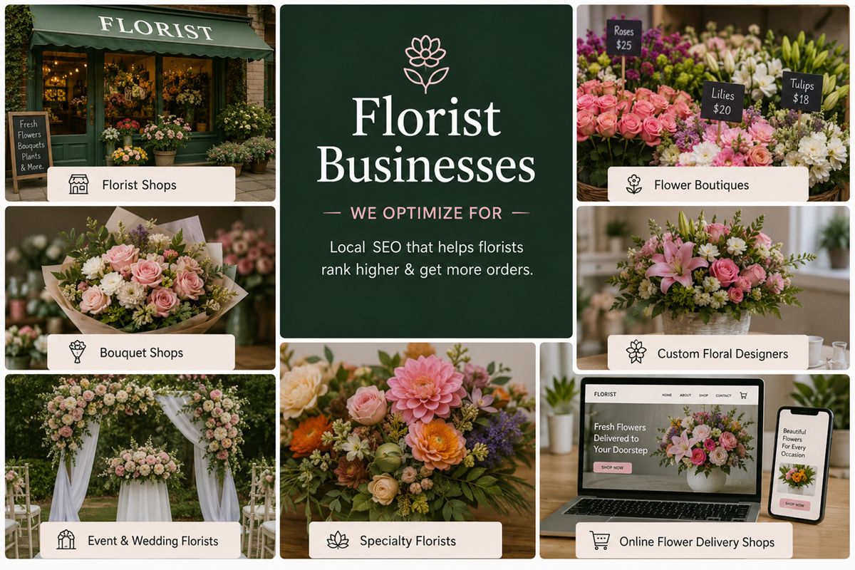 Collage of florist businesses including flower shops, bouquet arrangements, floral designers, wedding florists, and online flower delivery services