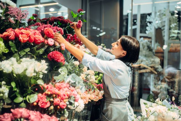 Florist selecting fresh flowers from a flower display inside a floral shop