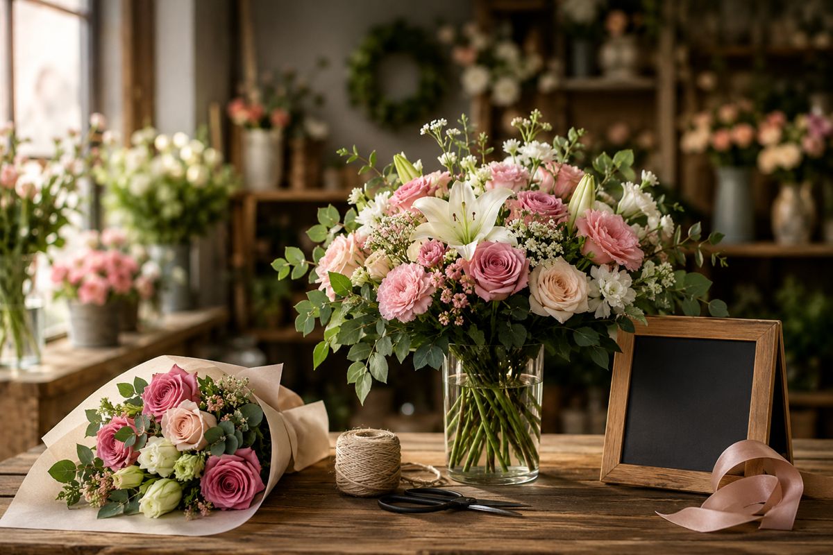 Fresh flower arrangements and bouquet display inside a florist shop with roses, lilies, and floral decor on a wooden table